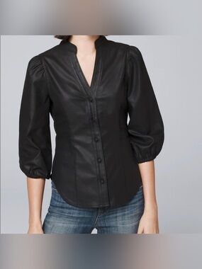 NWT White House Black Market Black Faux Leather Button-Front Puff Sleeve Shirt
